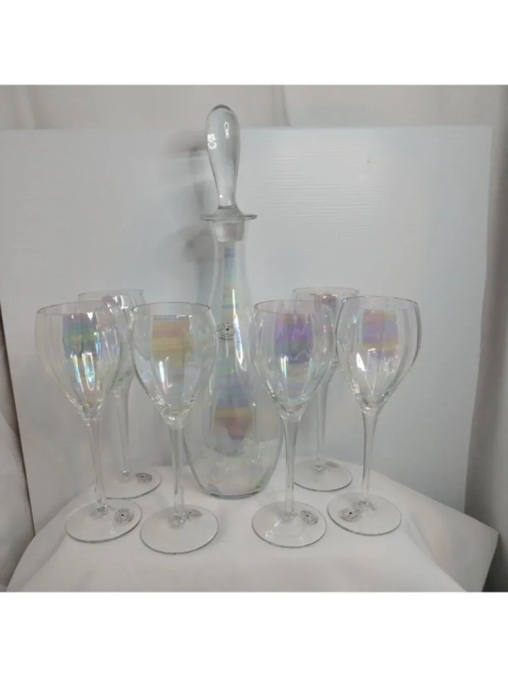 Hand blown Iridescent Toscany Wine SeT 6 Glasses Decanter W/Stopper Romania New